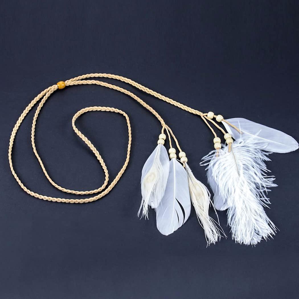 Uranian Uranian Boho Feather Headband Indian Gypsy Hippie Hairband Braided Rope Headdress Adjustable Headpieces for Festival Costume Hair Accessories for Women and Girls (3*White)