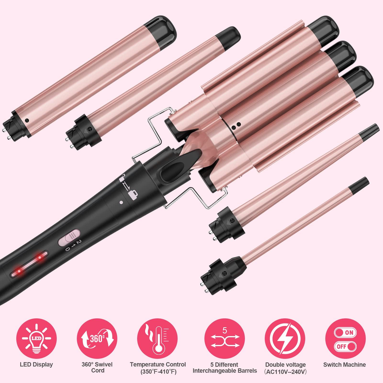 USHOW Curling Wand Set, Curling Iron Interchangeable 3 Barrel Wand Curler with Ceramic Tourmaline Professional 5 in 1 Wand Curling Iron,for Women with Curler and Waver