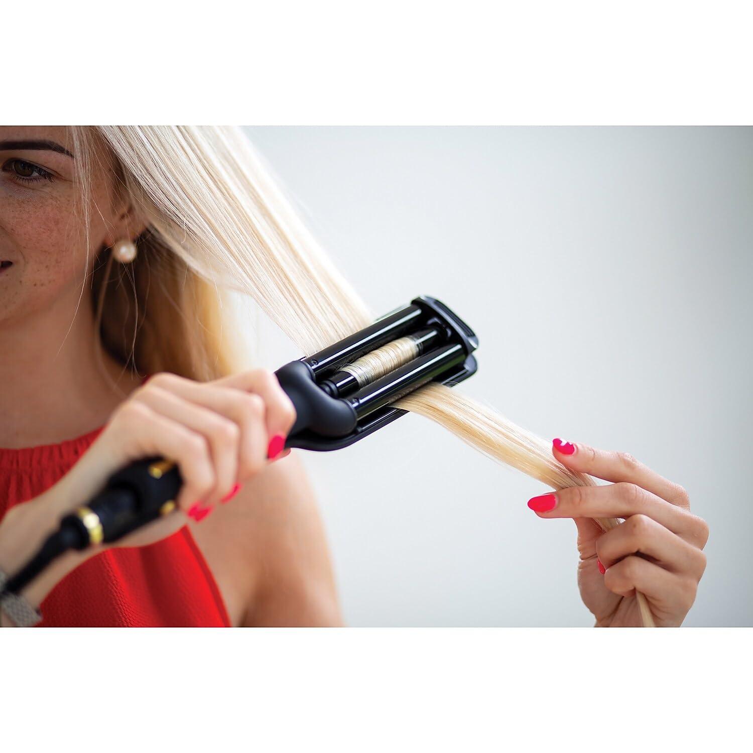 Cosmopolitan Cosmopolitan Hair Waver Curling Iron, 3 Barrel Curling Wand Wavy Hair Curler, Ceramic-Coated Triple Barrel Styler for Beach Waves, Portable Curling Tongs for Men & Women, Travel & Home - Black & Gold