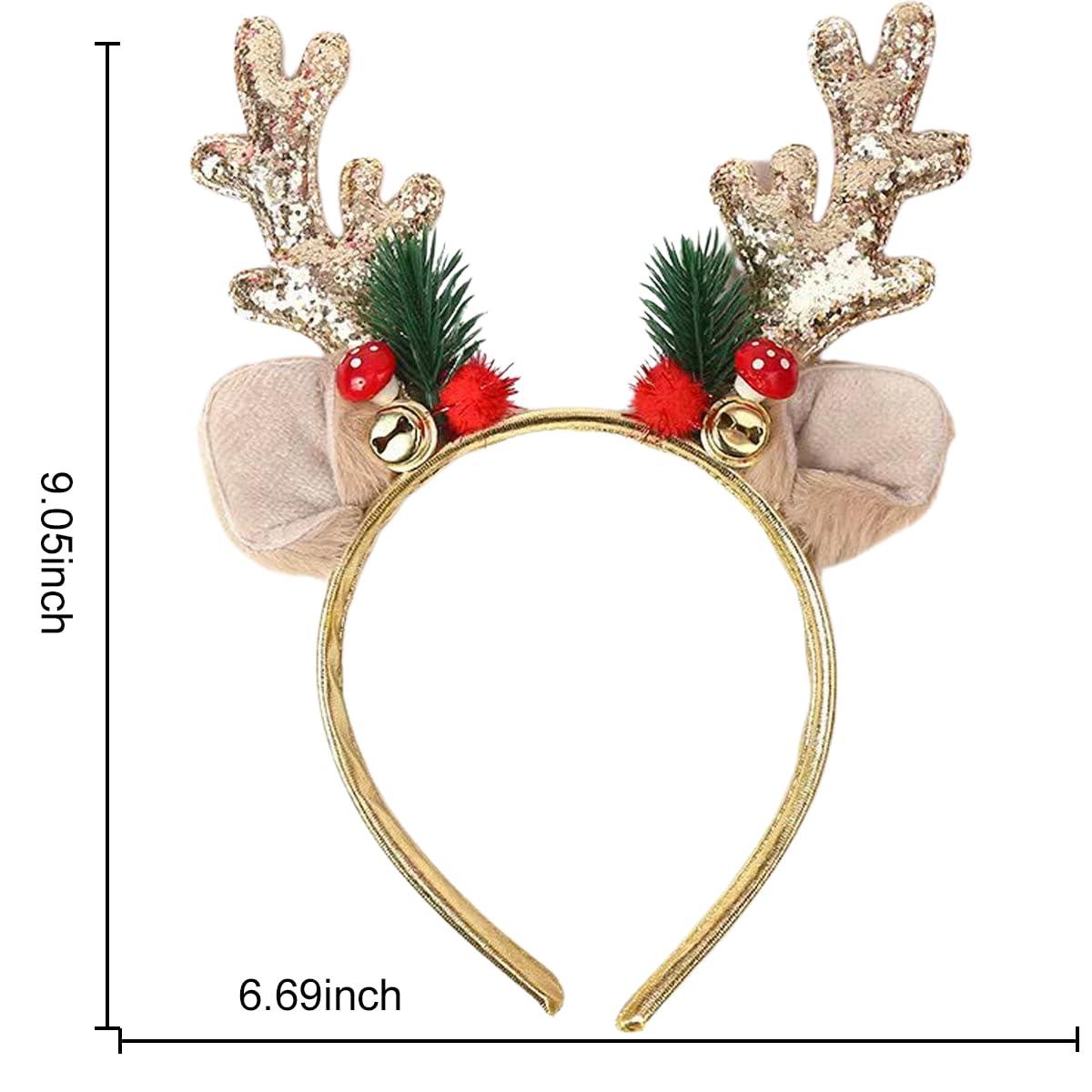 SARATA SARATA Christmas Headbands for Women Glitter Powder Bell Hair Hoop Elk Hair Band Reindeer Antlers Headband Women Girls Hair Access Headdress for Party 1PCS (Golden)