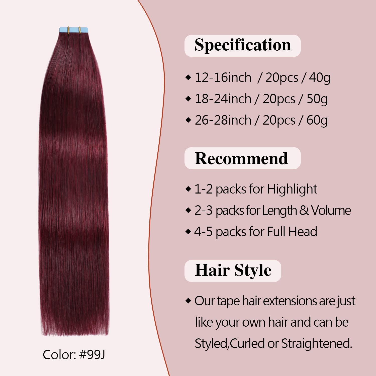 Sunya Sunya Tape in Hair Extensions Human Hair Burgundy 16 Inch Wine Red Tape in Real Human Hair #99j Seamless Skin Weft Tape in Hair Extensions #Burgundy 40g 20Pcs/Pack