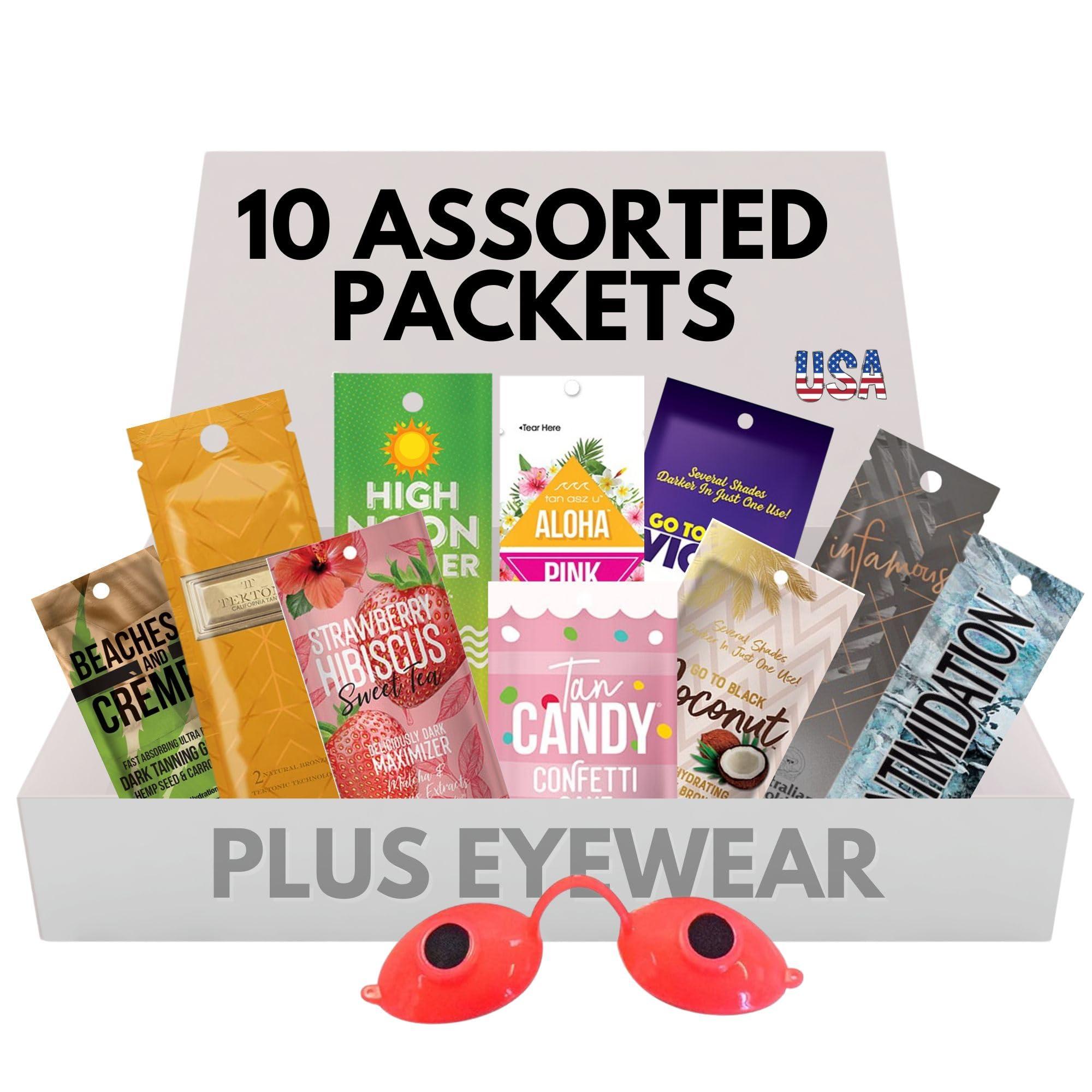 ES Global Brands 10 Pack of Tanning Bed Lotion + Eyewear  Tanning Bed Lotion Packet Box, Best Lotion for Tanning, Indoor Bed Lotion, Outdoor Sun Tan Lotion, Tanning Accelerator (0.5 oz each)