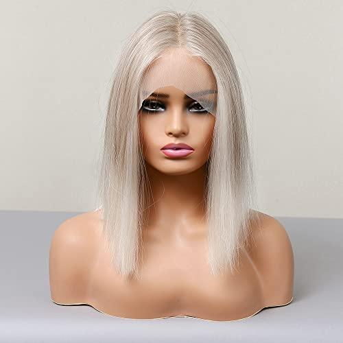 vedar vedar Ombre White Blonde Bob Wigs, Synthetic Hair Short Blonde Lace Front Wig with Highlight, Short Bob Wigs for Women, 12 inch VEDAR-096