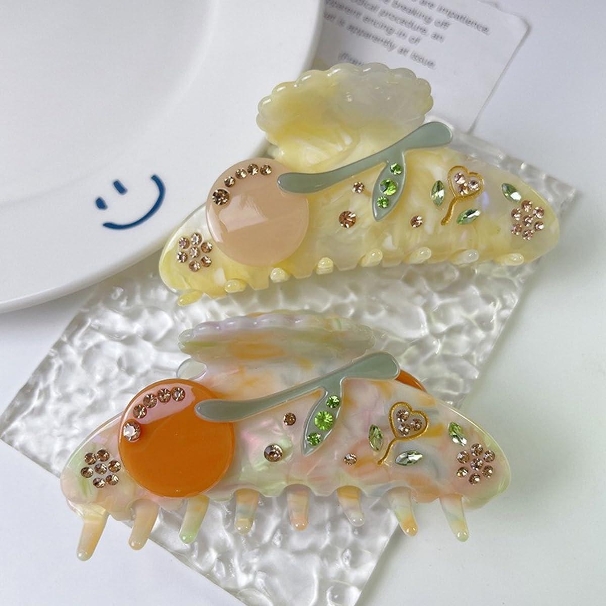 OMG Decor Flower with Diamond Hair Clips,Cellulose Acetate Hair Clips,Small Claw Clips for Girl,Hair Accessories,Pink