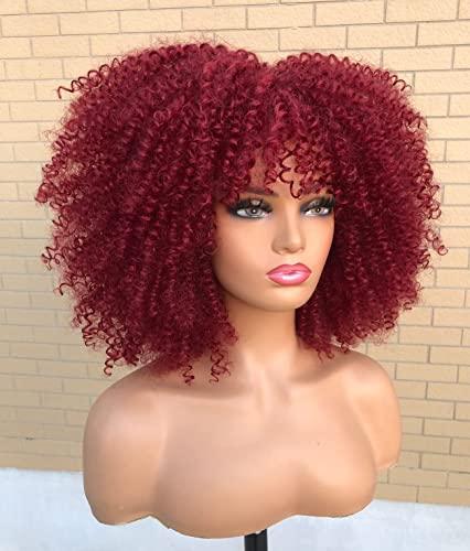 CC Hair Red Curly Wigs for Black Women Afro Curly Wigs with Bangs Afro Hair Synthetic Fiber Wigs Short Curly Wig (14inch)
