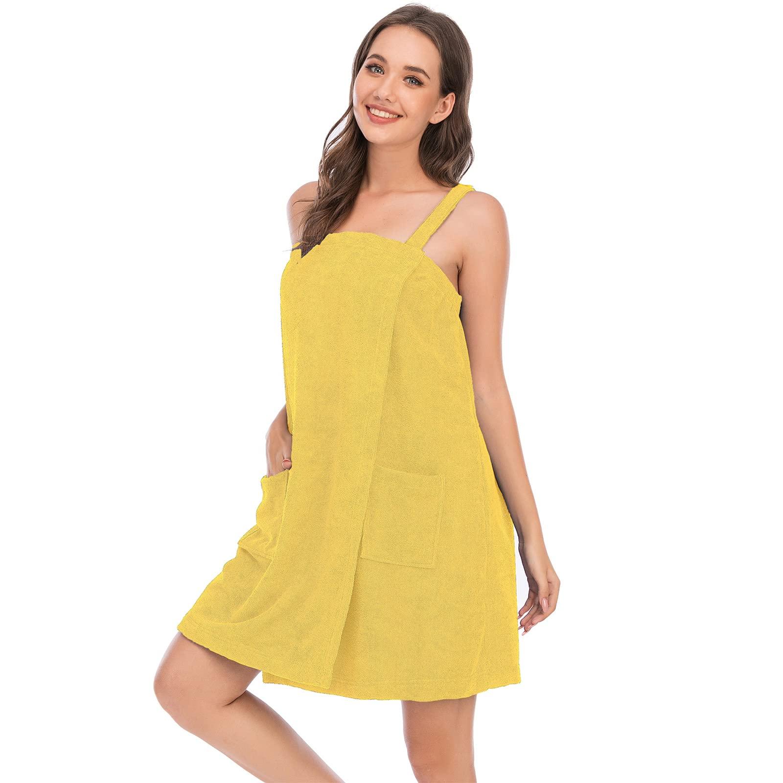 ANUFER ANUFER Womens Adjustable Bath Towel Wraps with Headband for Gym Shower Spa & Beach Cover Ups Yellow M