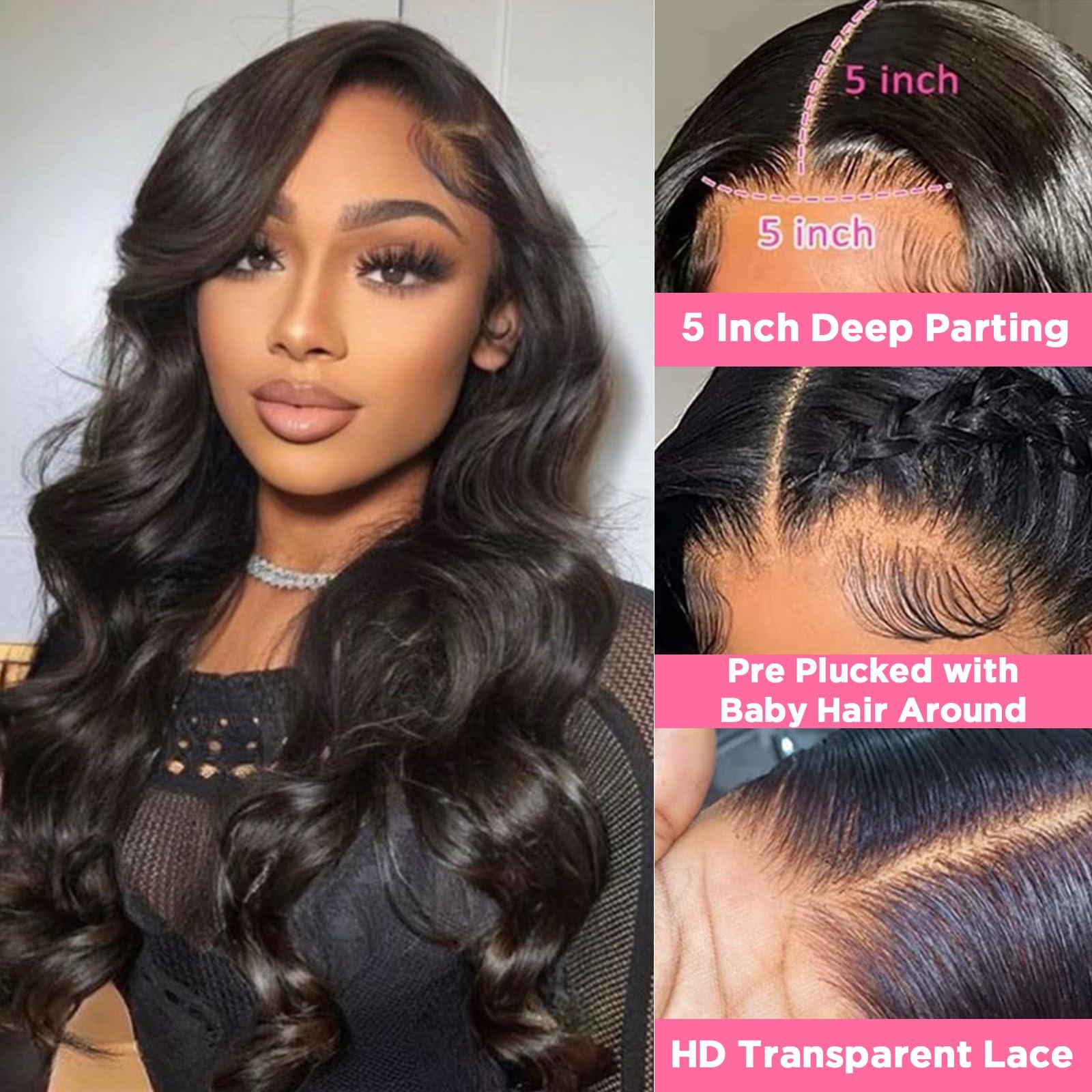 QUEEN VIRGIN REMY 5x5 HD Lace Closure Wigs Human Hair Body Wave Lace Front Wigs for Black Women 100% Virgin Human Hair Pre Plucked with Baby Hair 180% Density Glueless Wigs Natural Black Color 24Inch