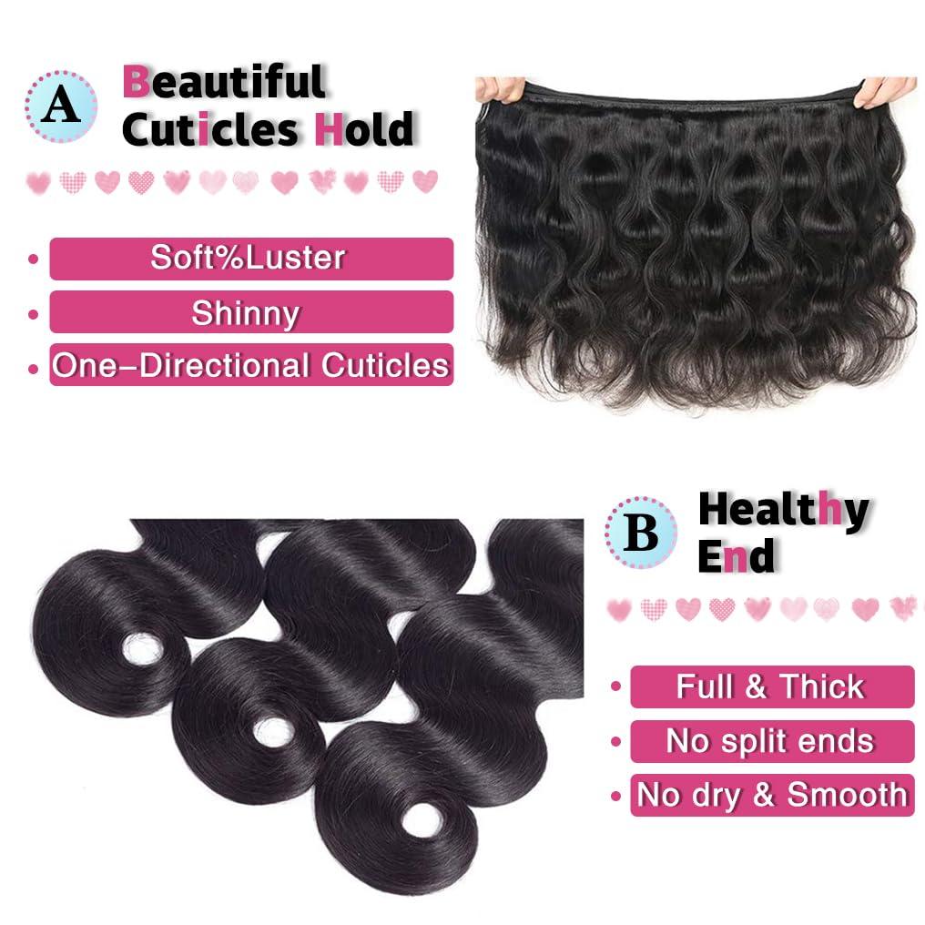 menalue Menalue Closure with 3 Bundles Body Wave Human Hair Bundles with Closure 10A Brazilian Virgin Human Hair Weave Bundles with 4x4 Lace Closure Double Weft Free Part Natural Color (14 16 18+12 Inch)