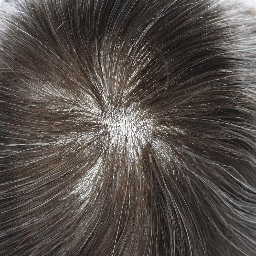 SINGA HAIR Mens Toupee Human Hair Pieces Real Wigs for Mens Hair Systems Replacements 0.06mm V Looped Thin Skin Man Hair Units #330 Dark Brown+30% Gray