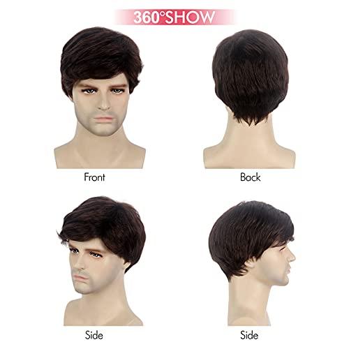R REEWES FASHION HAIR REEWES Mens Dark Brown Wig Short Men Wig Curly Men's Wig with Side Swept Bangs Natural Synthetic Full Wig for MaleDaily Party Costume Cosplay Wear