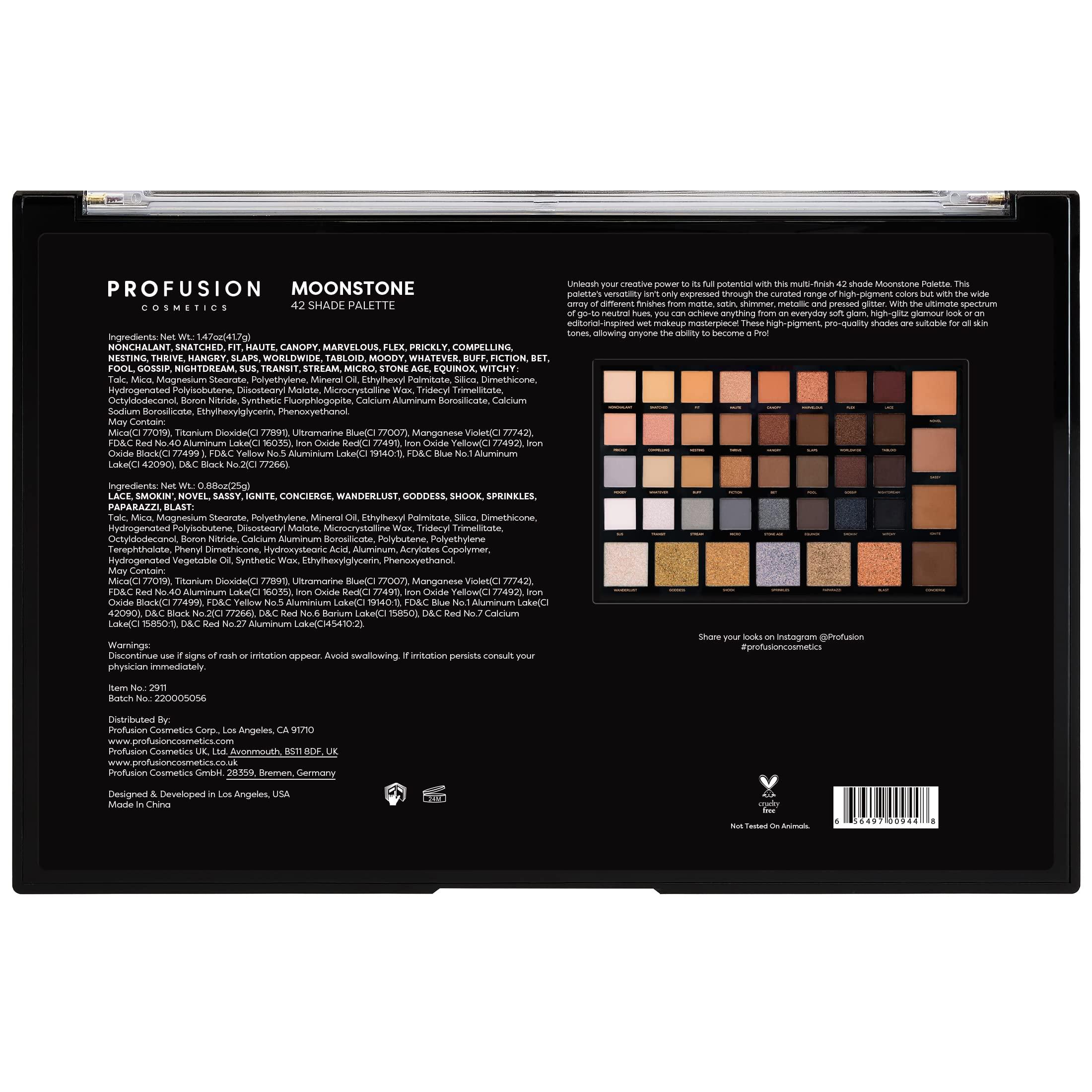 Profusion Cosmetics Profusion Cosmetics Moonstone 42 Shade Palette Matte Satin Shimmer Metallic Nude Smoky Eyeshadow Pallete Beauty Cosmetics Highly Pigment Powder Long Lasting Blendable