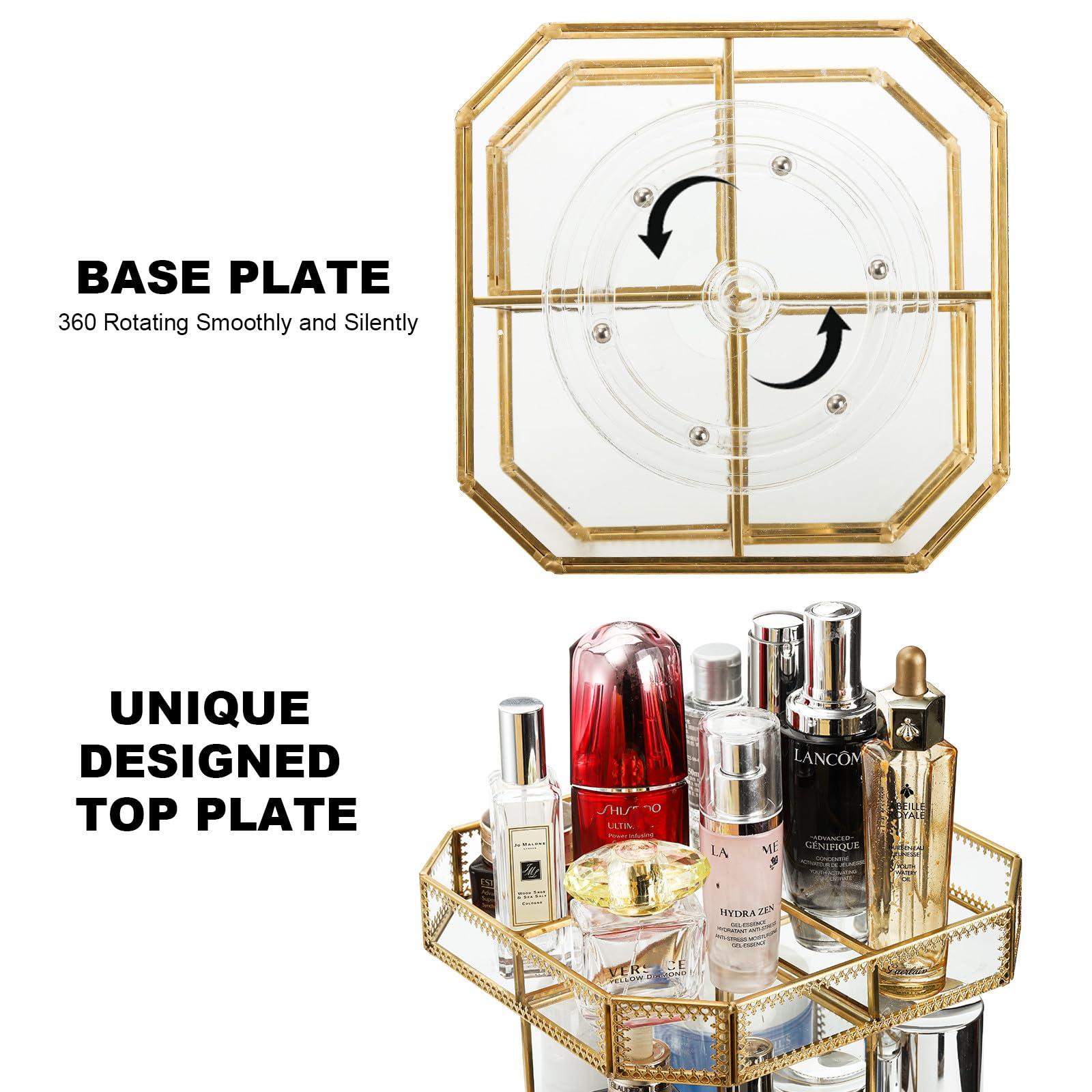 ZOOFOX ZOOFOX 360 Degree Rotating Glass Makeup Organizer, Large Cosmetics Storage Display Holder with Gold Trim for Vanity, Clear Makeup Carousel for Perfume, Cosmetics, Brushes, Lotion, Lipsticks