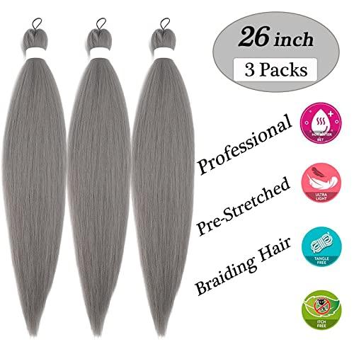 SIXERSI Grey Braiding Hair Pre Stretched Synthetic Hair for Braiding Micro Prestretched Braiding Hair 26 inch 3 Packs Long Itch Free Knotless Yaki Crochet Twist Box Braids Weave Braiding Hair Extensions