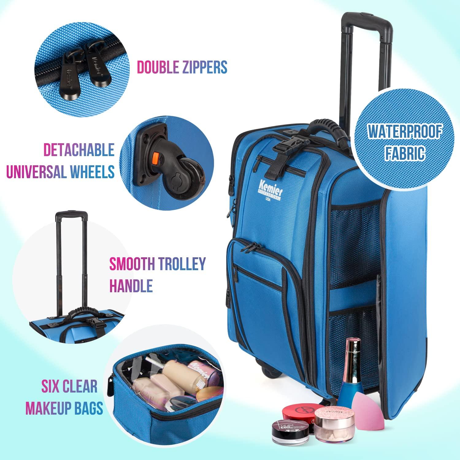 Kemier Kemier Rolling Makeup Train Case - Professional Makeup Travel Case Portable Artist Cosmetic Trolley Soft Side Nylon Large Capacity Organizer Storage bag with Wheels Blue