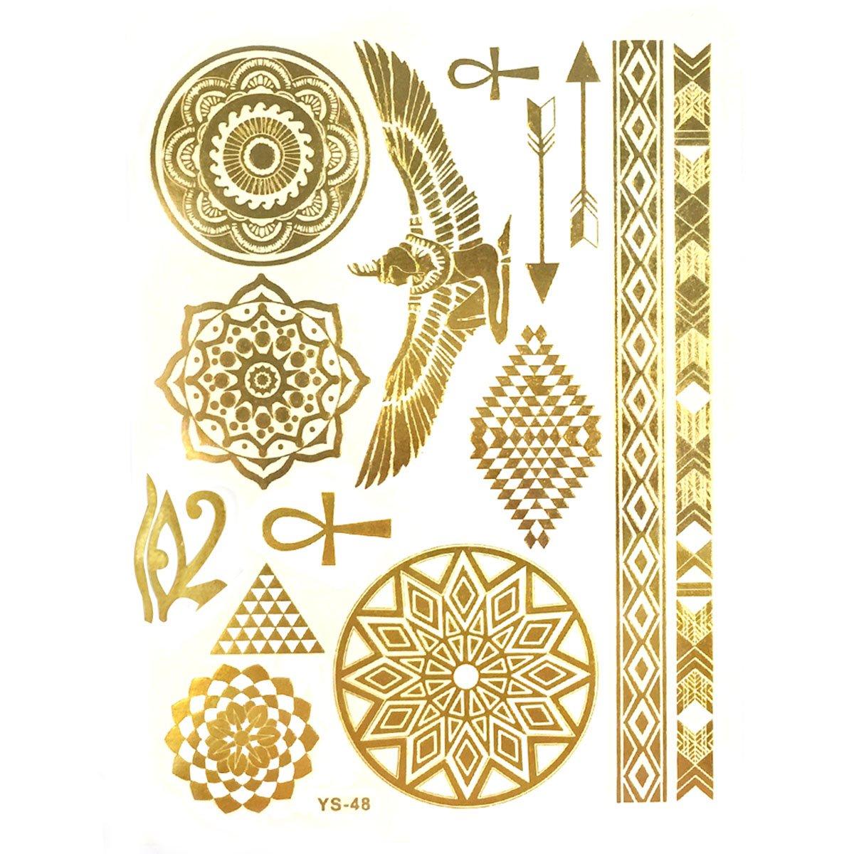 allydrew ALLYDREW Large Metallic Gold Silver and Black Body Art Temporary Tattoos, Circle Motifs, Hieroglyphs_1