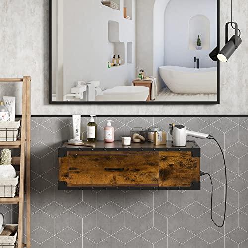 PENNYNANA PENNYNANA Wall Mount Styling Barber Station with Charge Station,Salon Stations with Locked Storage Drawer for Hair Stylist,Rustic Brown