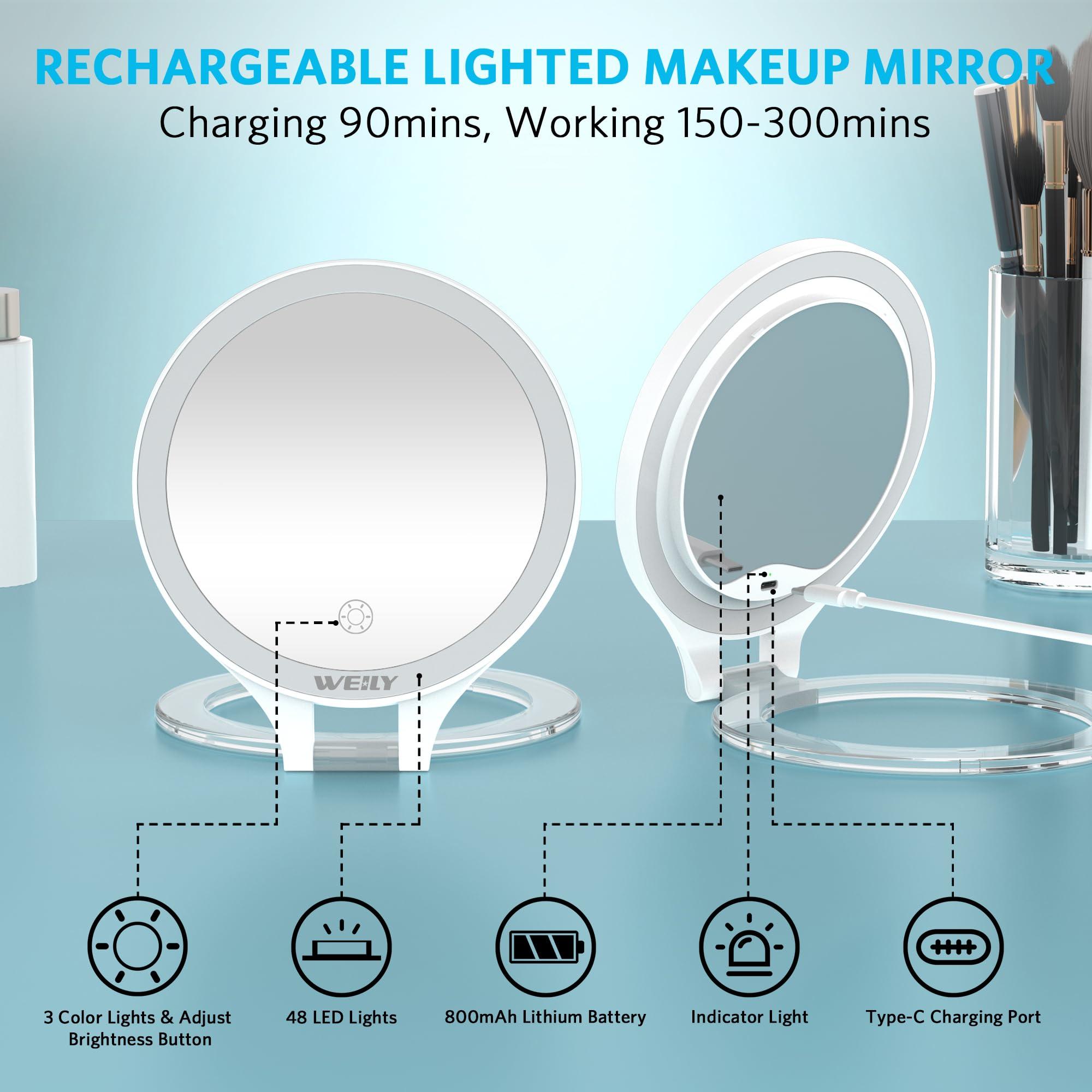 WEILY WEILY Magnifying Mirror with Light, 10X/1X Magnification Double-Sided Travel Makeup Mirror, with 3 Color Lights, Touch Control, Rechargeable Portable Mirror for Bedroom, Bathroom (White)
