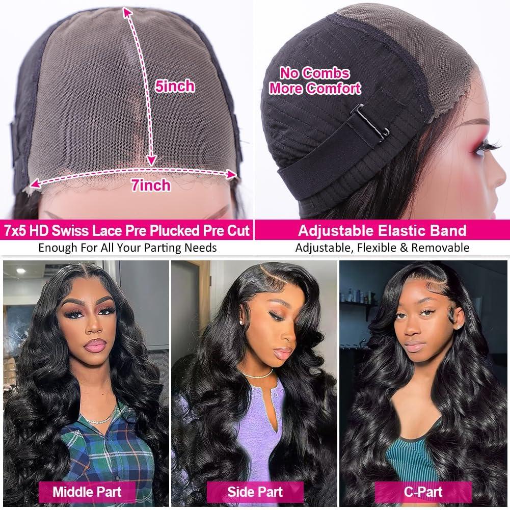Flady Flady 28 inch Glueless Wigs Human Hair Pre Plucked Pre Cut 7x5 HD Lace Front Wigs Human Hair Body Wave Frontal Wigs Human Hair 200 Density Ready To Go Wig for Black Women
