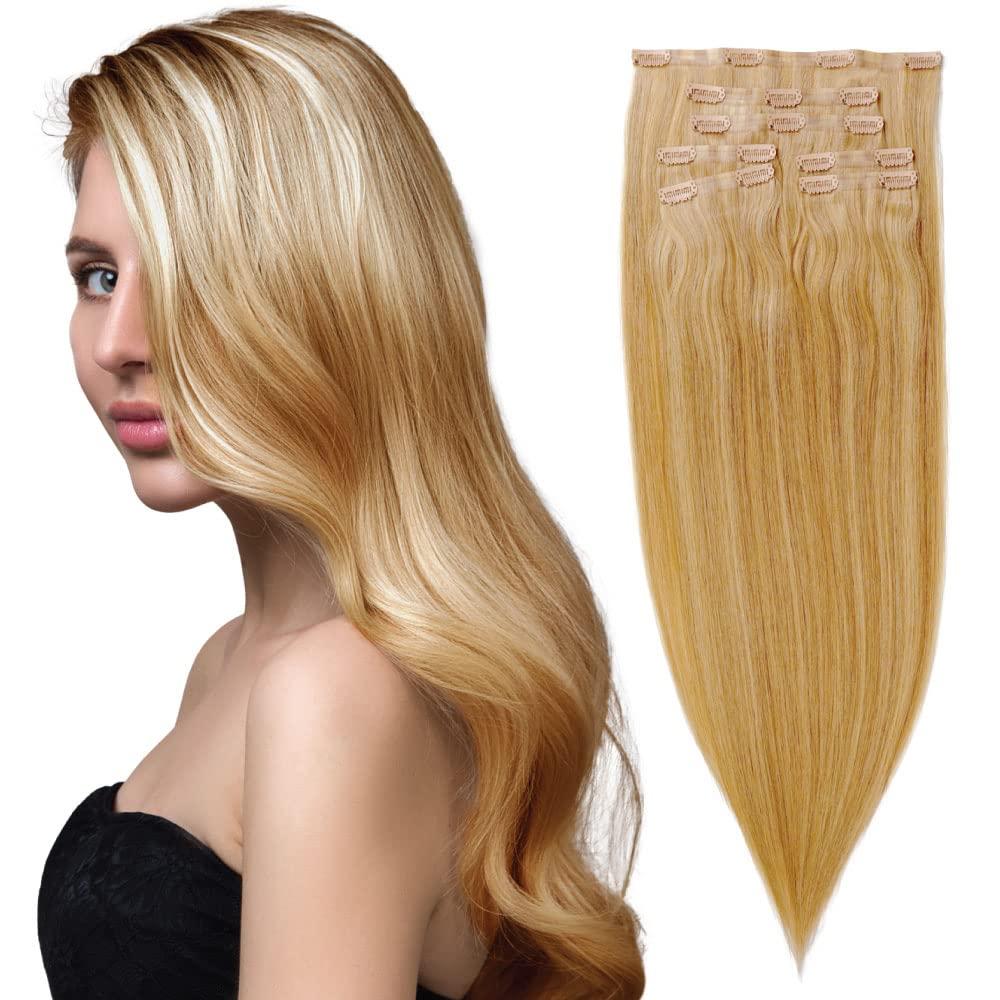 everlong Skinny Weft Clip-In Hair Extensions by Everlong, Thin Silicone Pressed Wefts, Premium Remy Human Silky Straight Hair for Length & Volume, 175 grams #124 Honey Pecan 18"