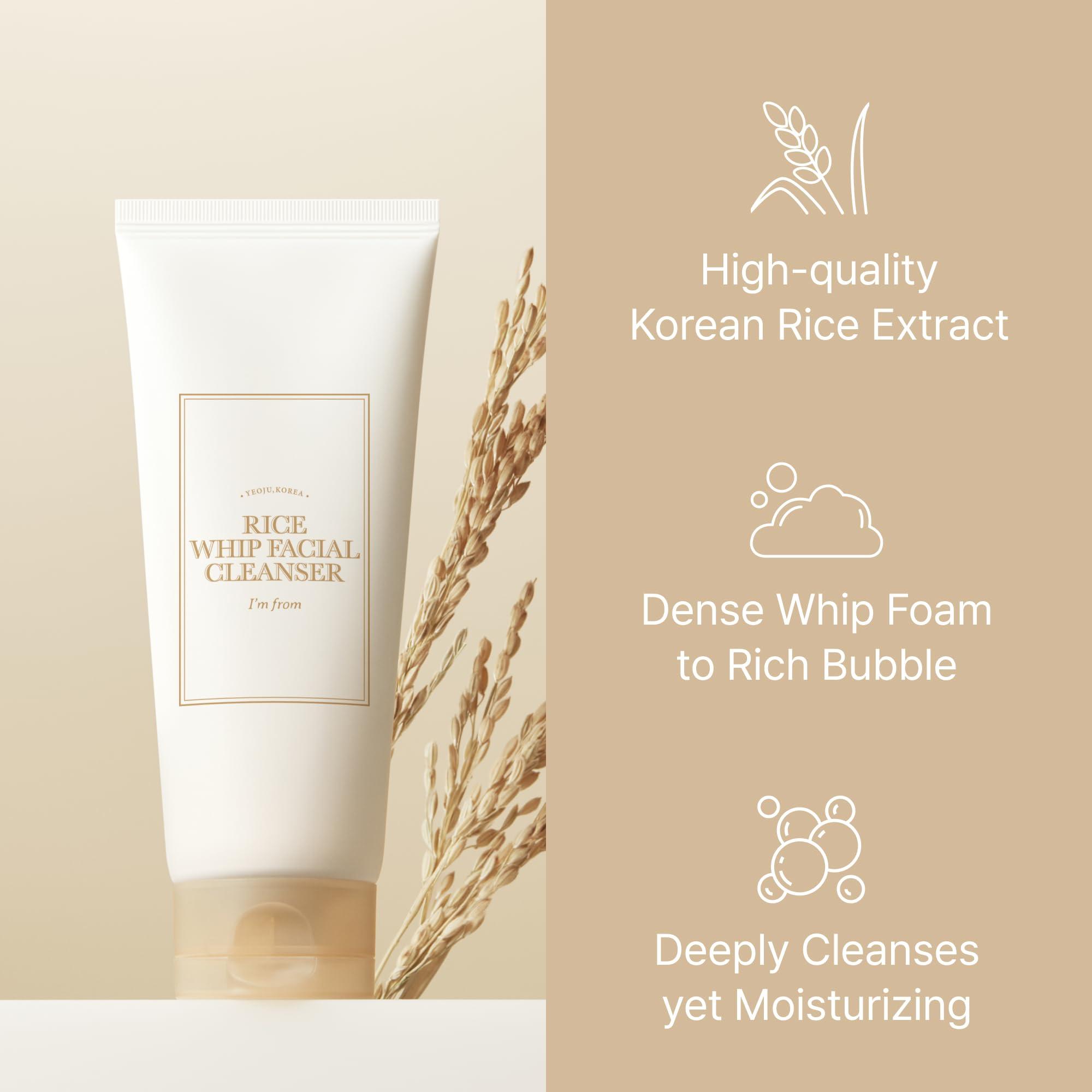 I'm from I'm from Rice Whip Facial Cleanser, low-pH Korean Rice Water Face Wash for sensitive, dry skin, Gentle Face Wash for Hydrating & Moisturizing, Creamy Lather, Makeup Remover (5.07 Fl Oz)