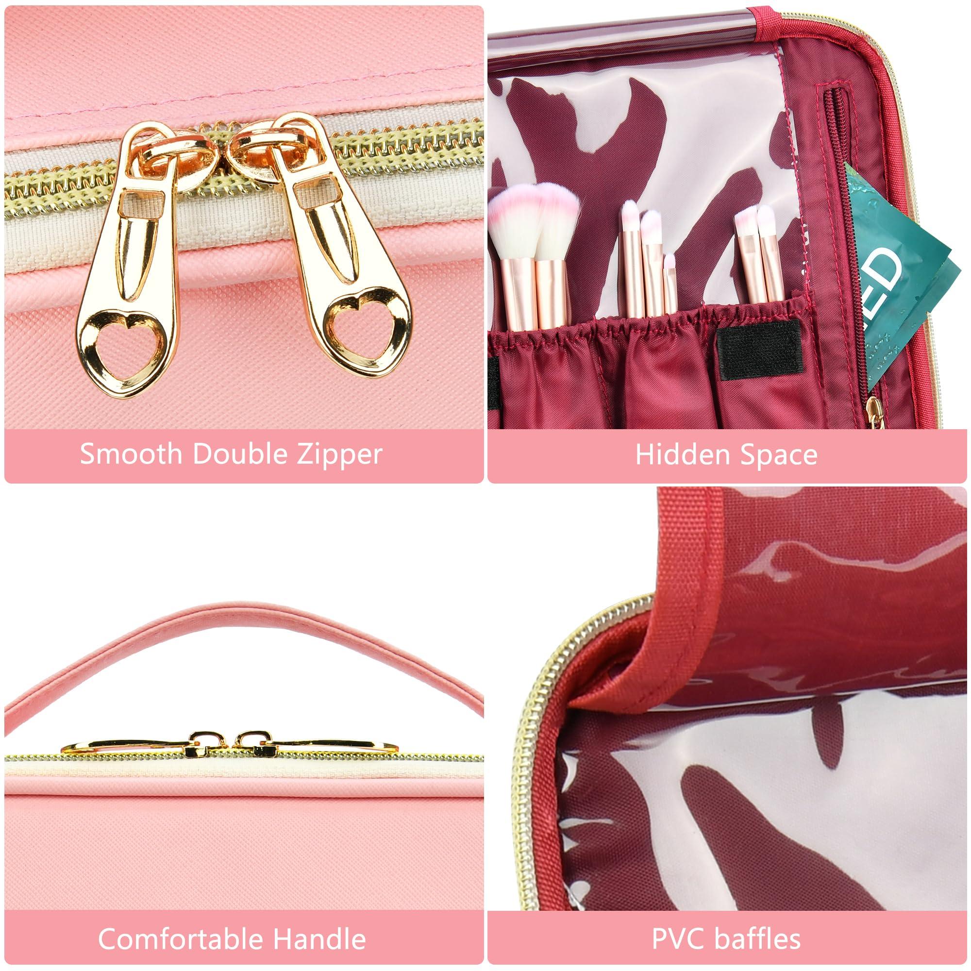 BAGNN Initials Travel Makeup Case Birthday Mothers Day Gifts for Women, Personalized Makeup Cosmetic Train Case Organizer with Adjustable Dividers, Makeup Organizer Bag for Make up Brushes, Pink, Q.