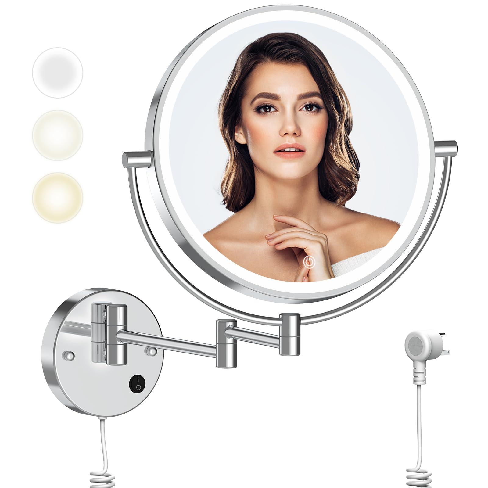 Rocollos Rocollos 9\" Plug-in Wall Mounted Lighted Makeup Mirror 1X/10X Magnification, Super Large Double Sided LED Vanity Mirror for Bathroom, 3 Color Dimmable 360Swivel Extendable Shaving Cosmetic Mirror