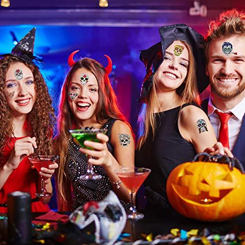 Konsait Day of the Dead Sugar Skull Tattoos(100Counts),Konsait Halloween Temporary Face Tattoos Sugar Skull Puppy Black Skeleton Web Red Roses Tattoo for kids Boys Girls Mexican Halloween Party Favor Supplies