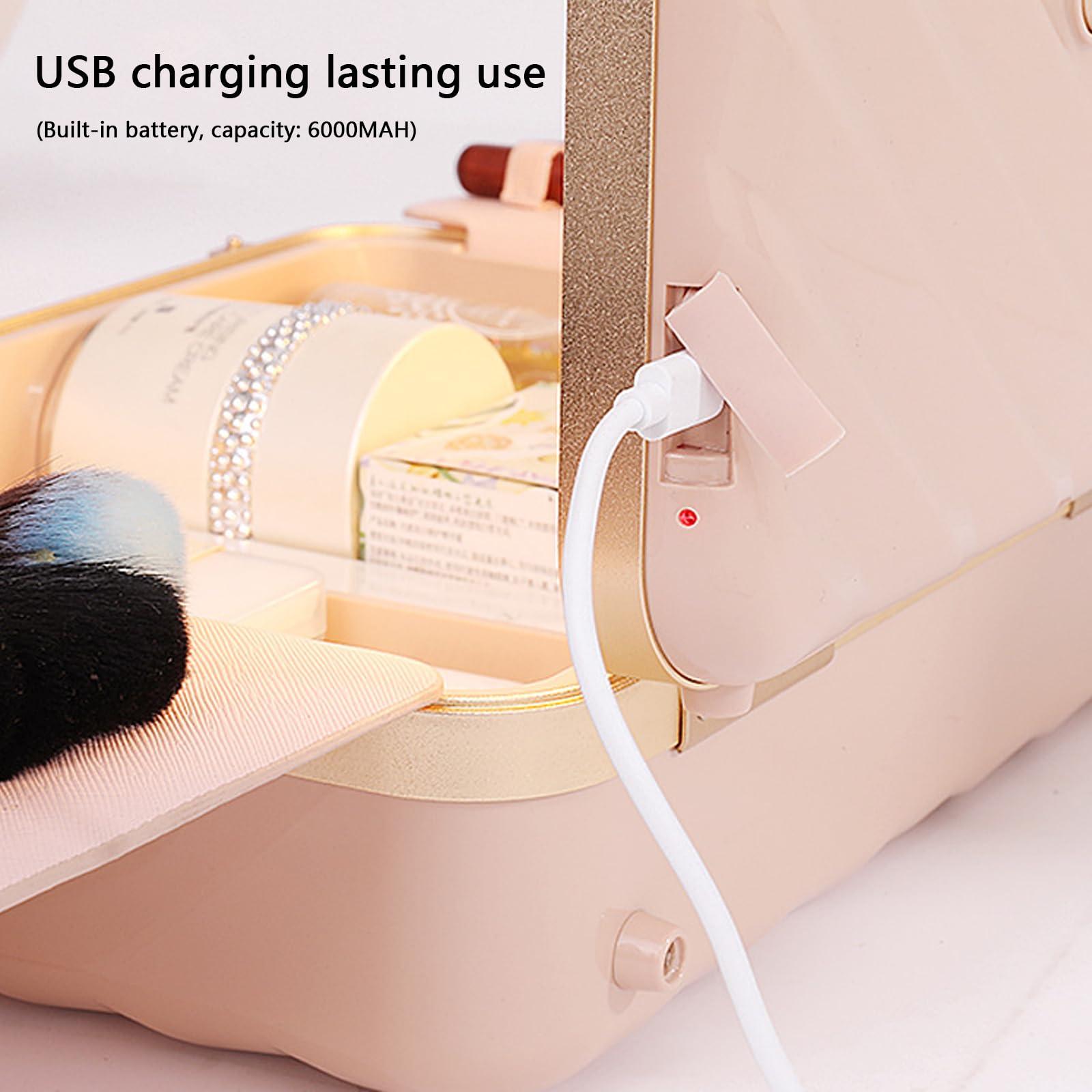 ESRADA ESRADA Makeup Bag Travel Make Up Organiser Bag Storage Vanity Case With Mirror Lamp Rechargeable Portable Makeup Box Cosmetic Bags Pink