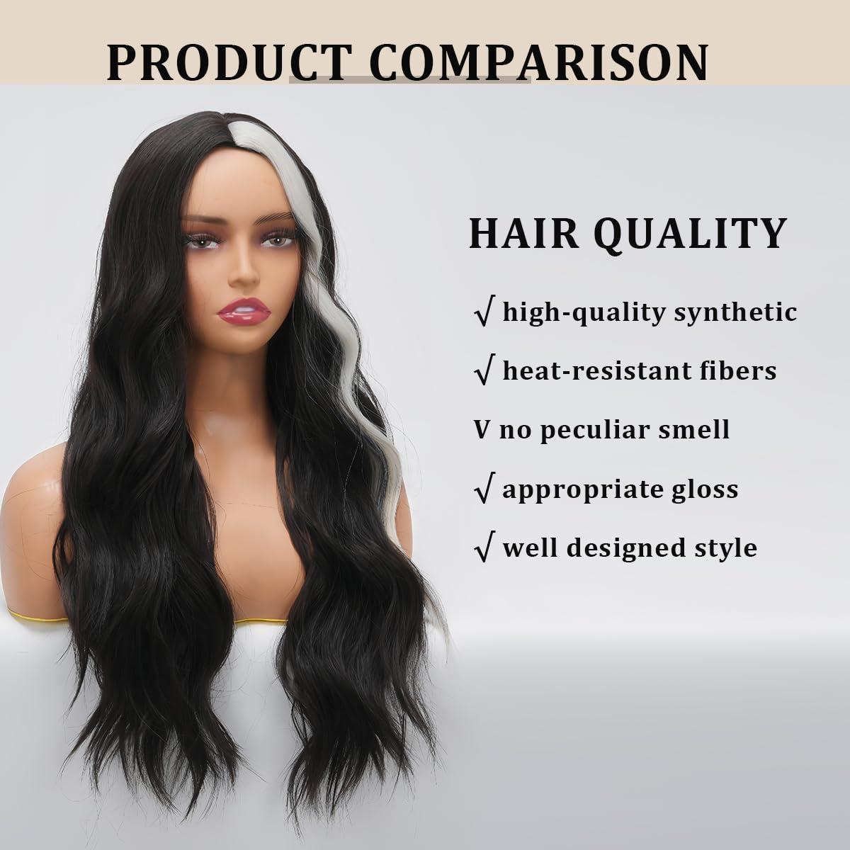 Sabosi Sabosi Long Wavy Black White Wigs for Women 26 Inch Middle Part Curly Wavy Wig Natural Looking Synthetic Heat Resistant Fiber Wig for Daily Party Use
