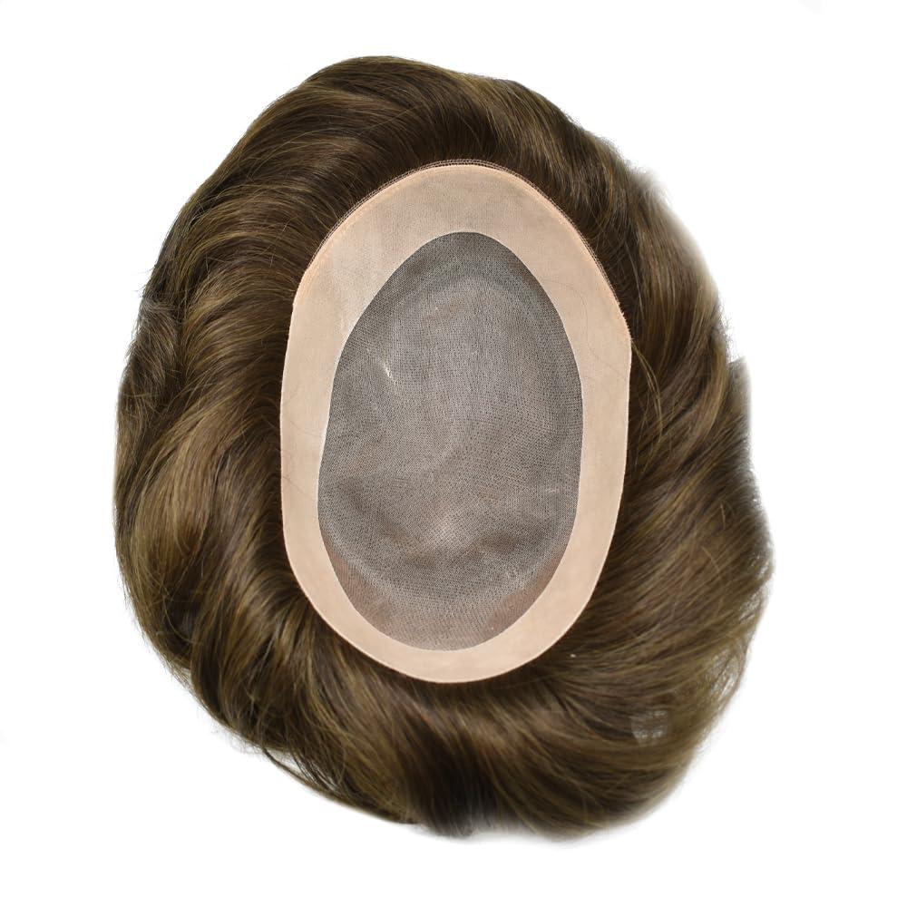 DR Hair Toupee For Men Hair Replacement System Real Human Hair Pieces For Men\'s Toupee Hair System For Men Fine Mono Protesis Capilar Para Hombre7X9 Medium light density #6 Light Brown