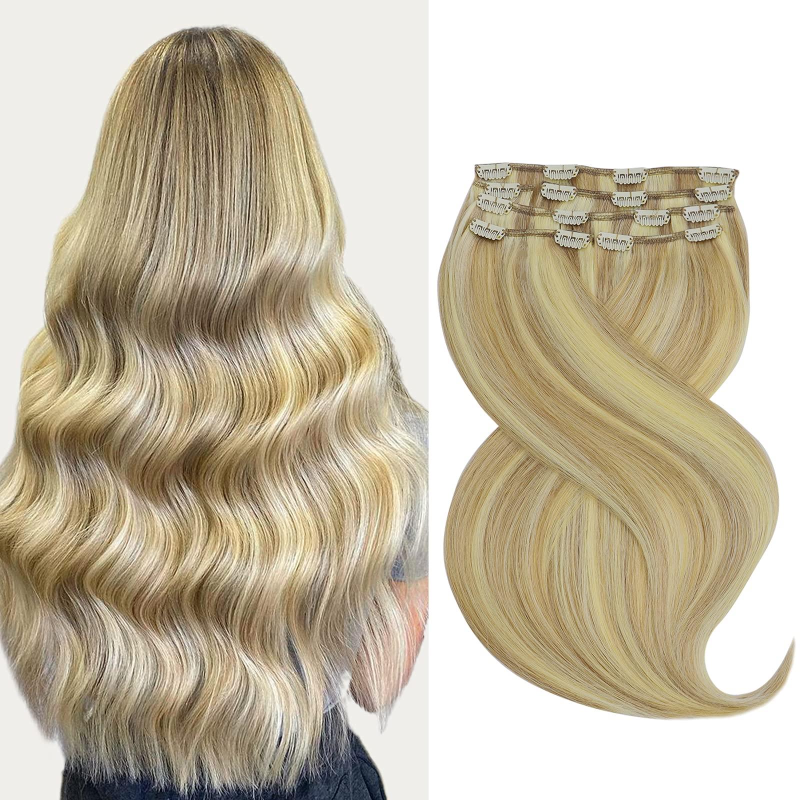 marat Marat Hair Extensions Clip in Human Hair, Light Blonde Highlighted Golden Blonde Clip in Hair Extensions 14 inch 120g Straight Clip in Hair Extensions Human Hair