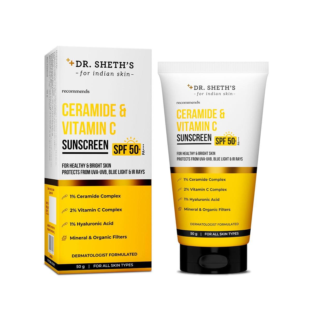 Dr. Sheth\'s Dr. Sheth\'s Ceramide & Vitamin C Sunscreen SPF 50+ PA+++ | One Step Routine for Summer | For Women & Men | UVA UVB Sun Protection | 1.76 Oz / 50g