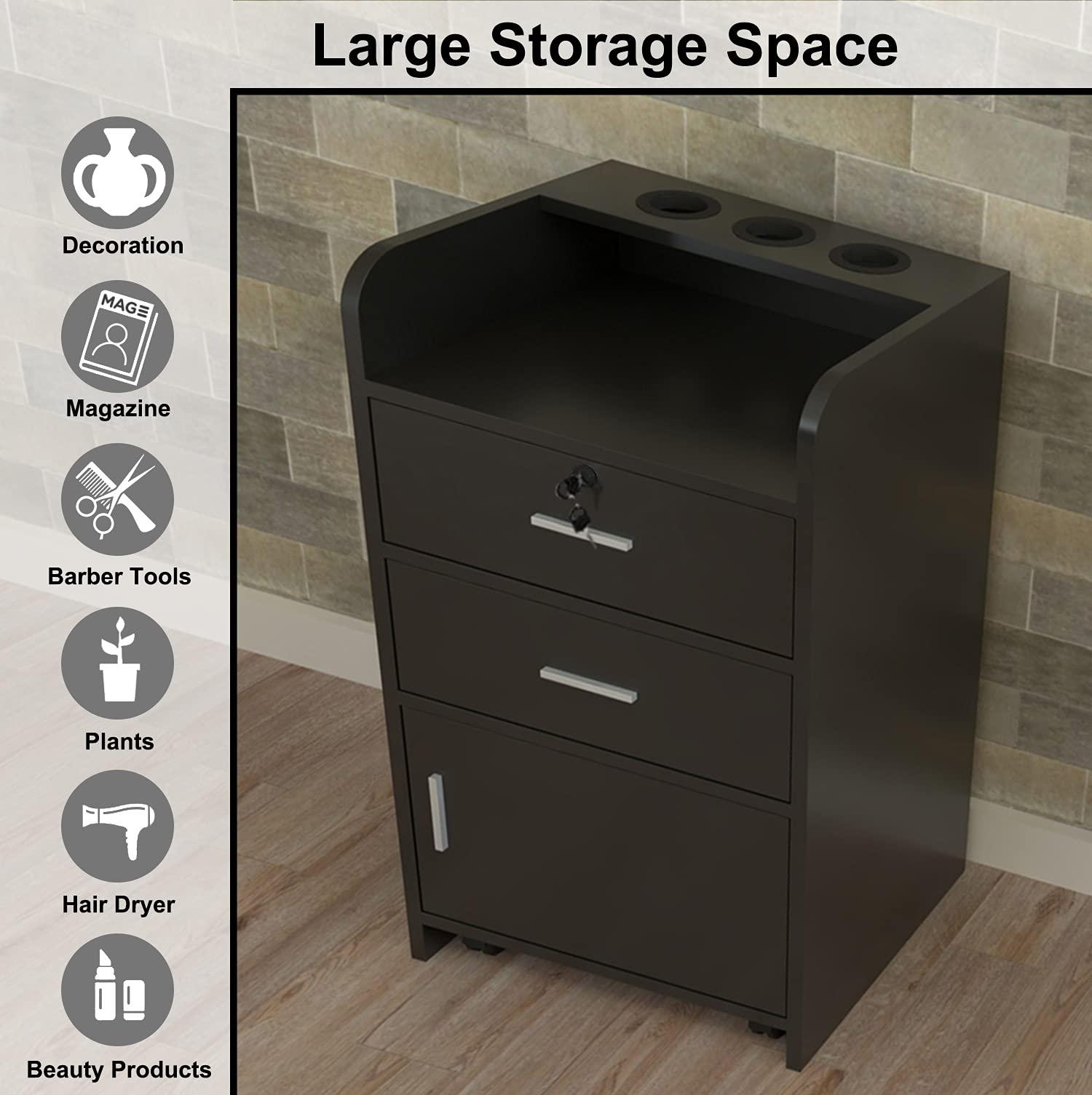 SSLine SSLine Beauty Salon Storage Cabinet w/2 Drawers Styling Station,Beauty Salon Side Table Spa Storage Cabinet Trolley Stations Barber Salon Equipment w/1 Cabinet (Black)