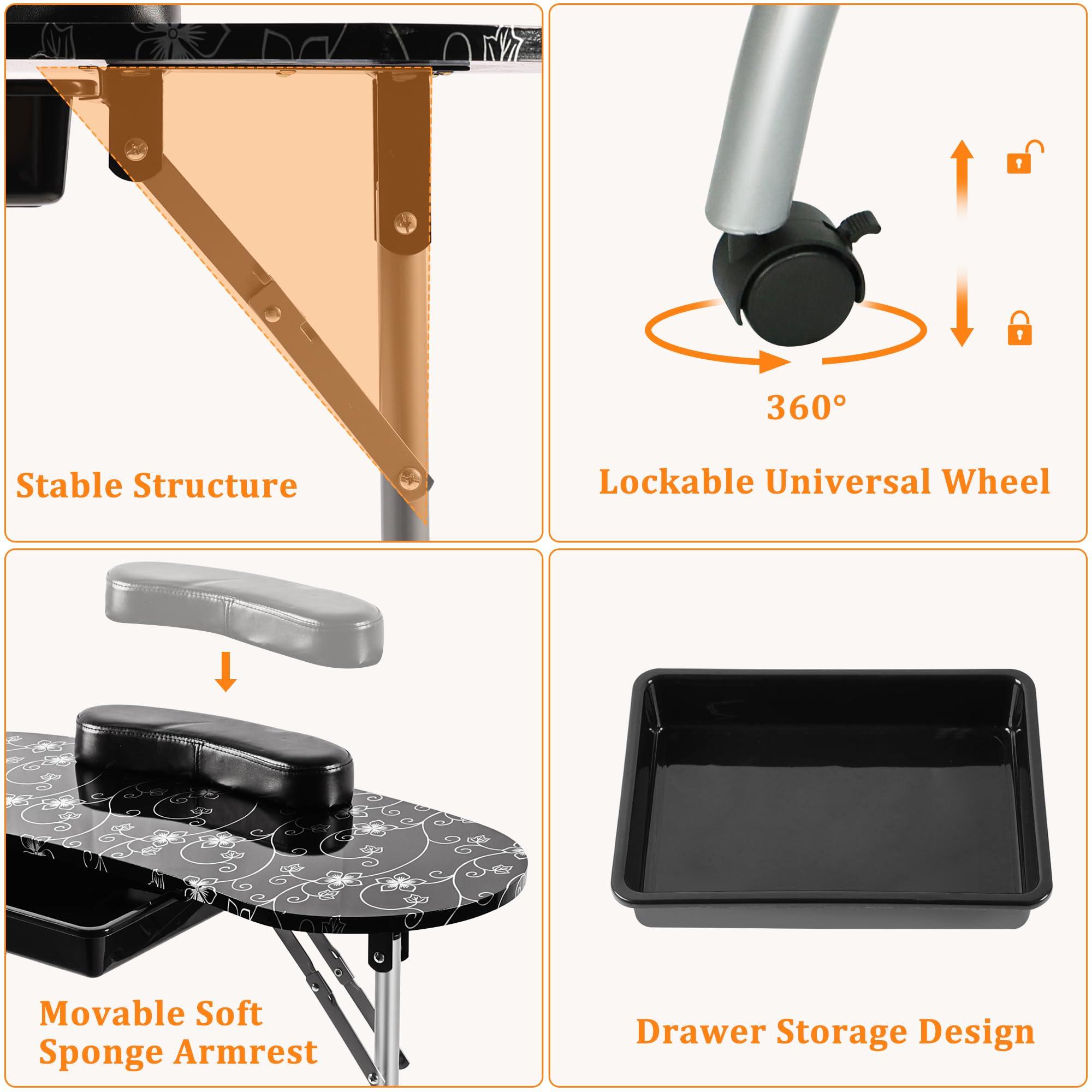 Alohappy Alohappy Portable & Foldable Manicure Table Nail Desk on Wheels with Drawer, Updated USB-Plug LED Table Lamp, Client Wrist Pad, Carry Bag for Home Spa Beauty Salon Workstation, Black 30" H