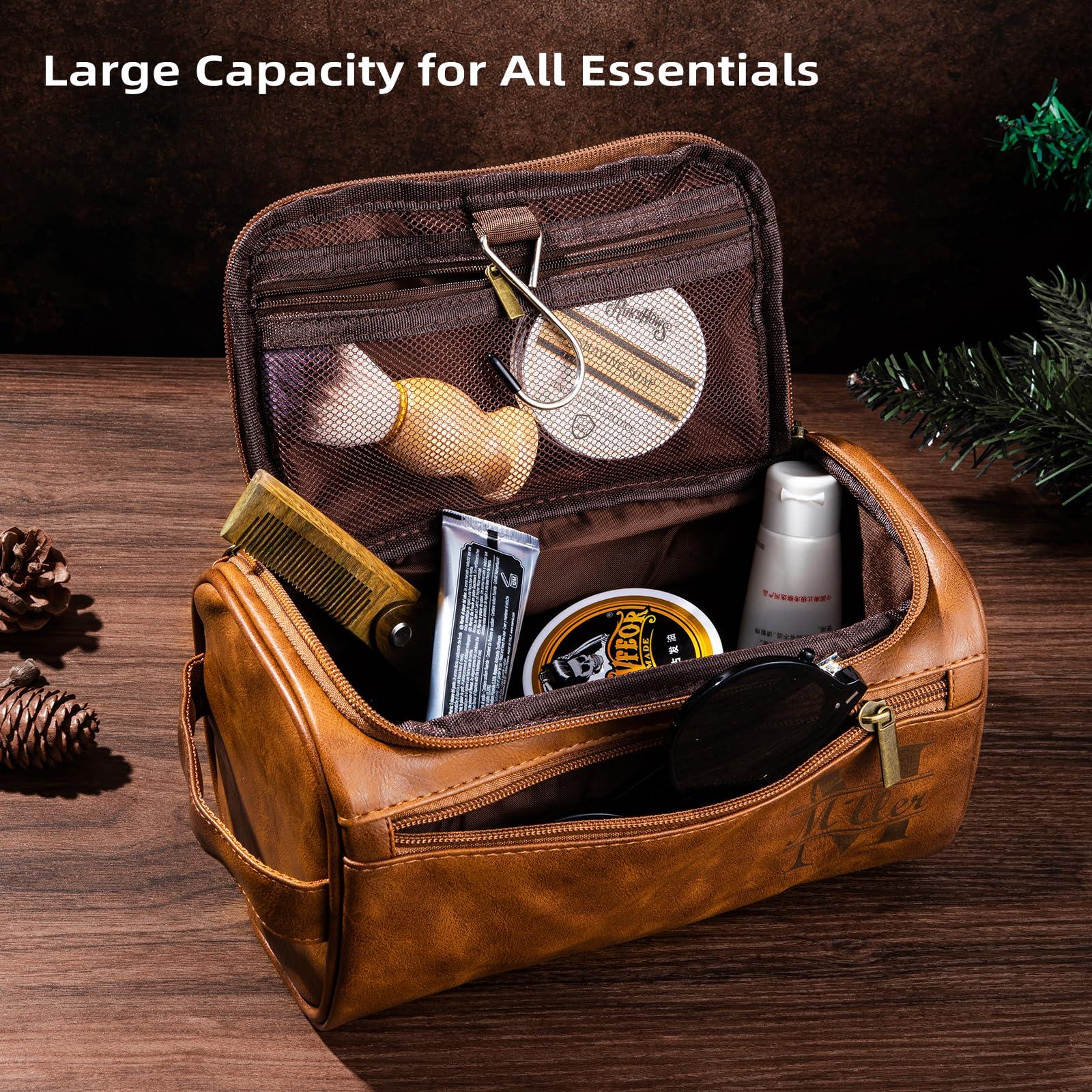 Bleggeit Bleggeit Personalized Leather Toiletry Bag For Men with Hook, Groomsmen Gifts Travel Bag Laser Engraved Name Monogram Leather Gift For Him Husband Father Leather Dopp Kit with Side Handle