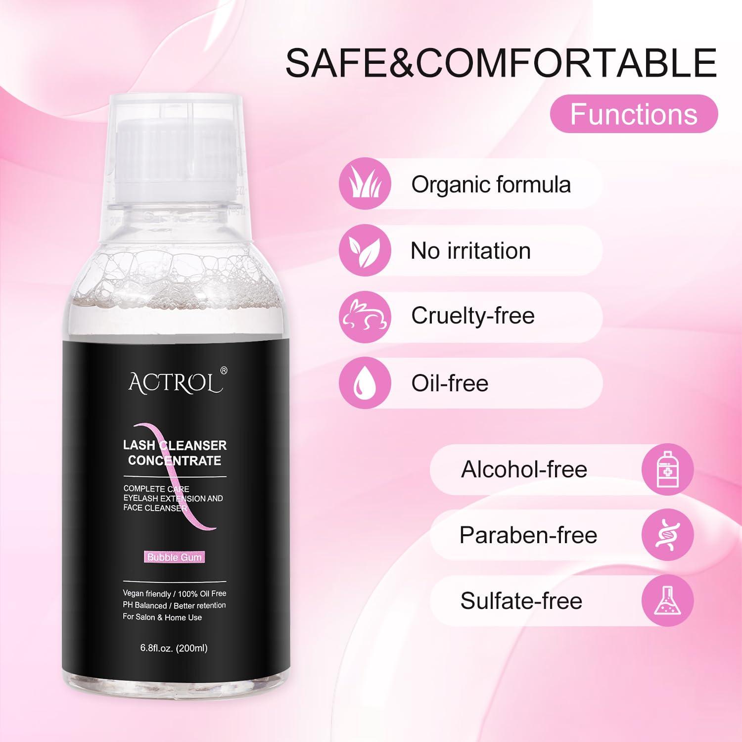 ACTROL ACTROL Eyelash Cleanser Concentrate 200ml Bubble Gum Professional Lash Shampoo Foaming Cleanser DIY Paraben & Sulfate Free Non-lrritating Wash for Extensions Lashes Care-Makes 20 Bottles