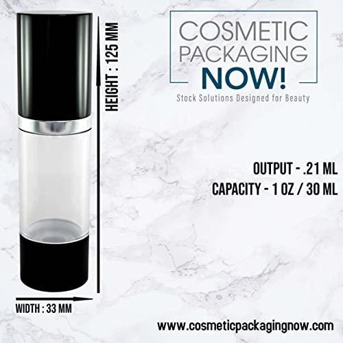 Cosmetic Packaging Now! Cosmetic Packaging Now! Luxe Airless Bottle, Clear Airless Bottles w/ Glossy Black Cap, Multi-Pack Bundle (30 ML, 12 Pack)