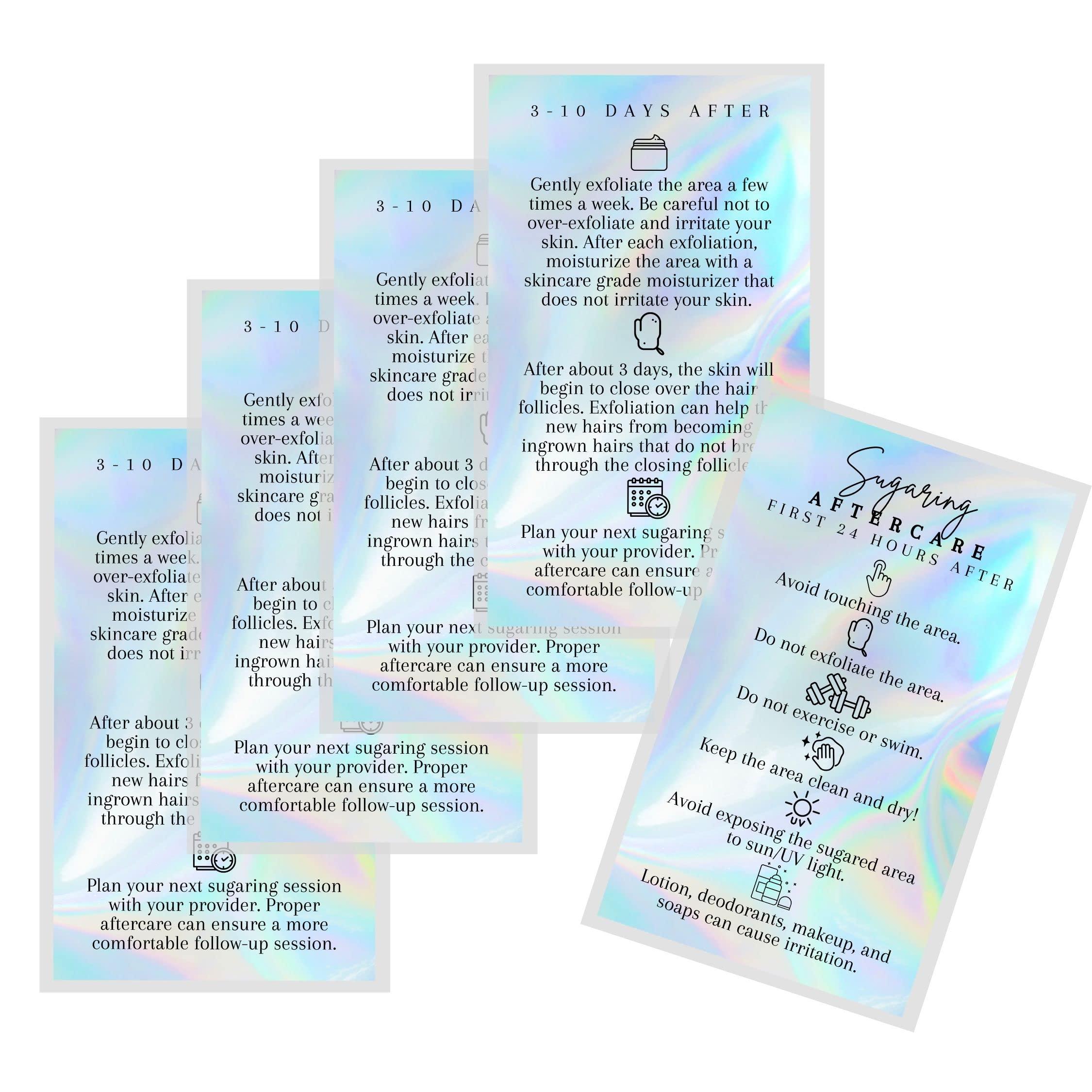 Lashicorn Sugaring Hair Removal Aftercare Cards | 50 Pack | Size 2x3.5 inches Business Card Size | Waxing Aftercare Kit Cards | Client Hand Out Wax Post Sugar FAQs Aftercare Faux Holographic Rainbow design