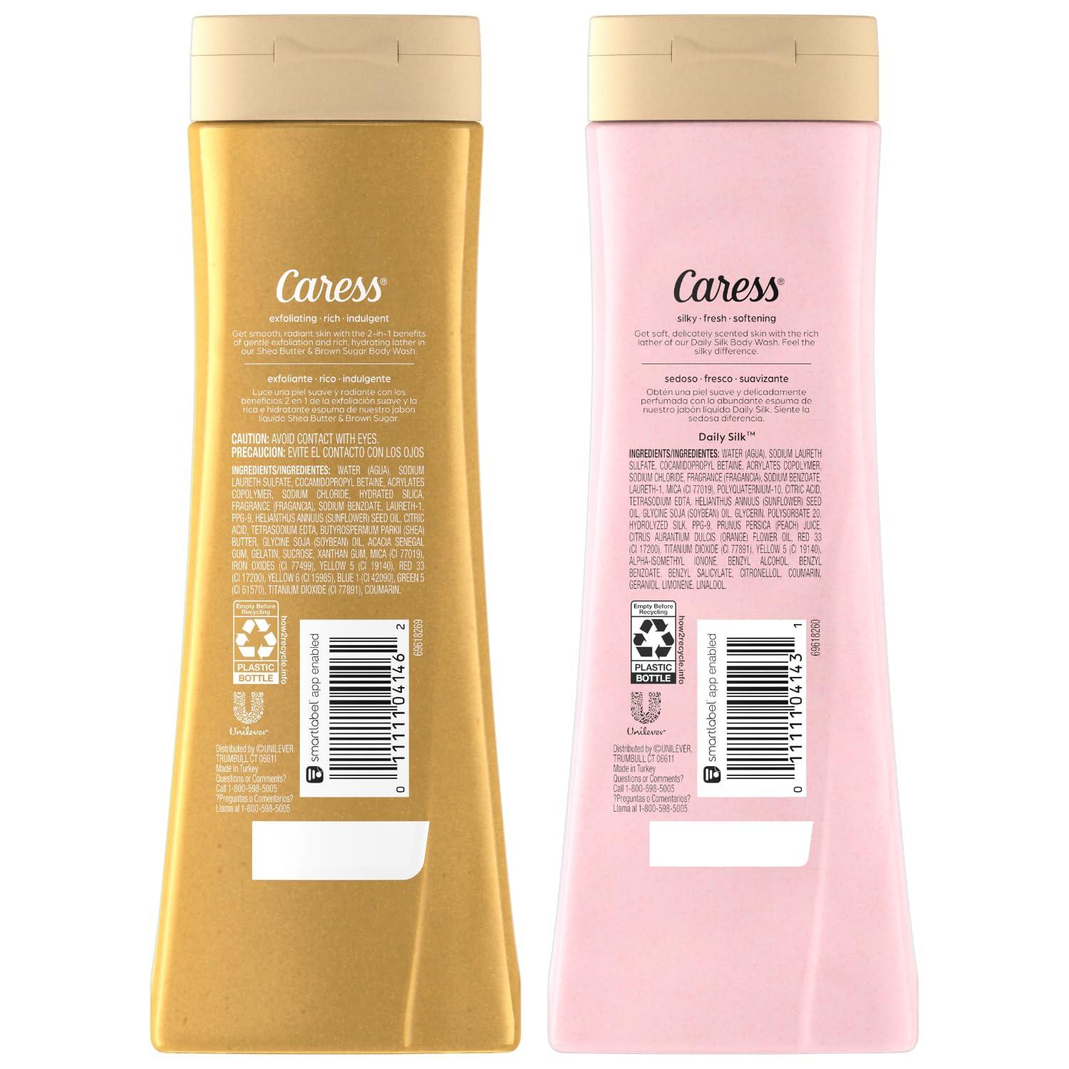 Caress Caress Body Wash Set, Shea Butter & Brown Sugar + Daily Silk White Peach & Orange Blossom Moisturizing Body Wash for Gorgeous, Radiant Skin, Body Soap Liquid Set, 20 Fl Oz (2 Piece Set)