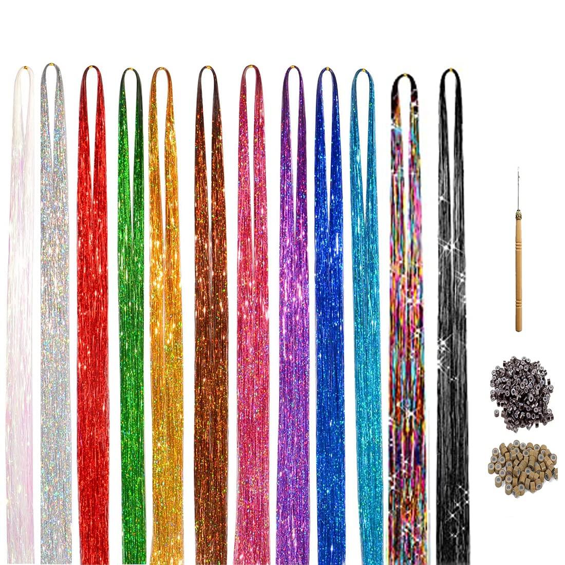 Newfacefure Gold Clip in Hair Tinsel Extensions Kit Heat Resistant, 19 Inch Glitter Fairy Tinsel for Hair with 6 Packs Clips on,Sparkly Hair Tensile Extension Accessories for Women Girls Kids(GOLD)