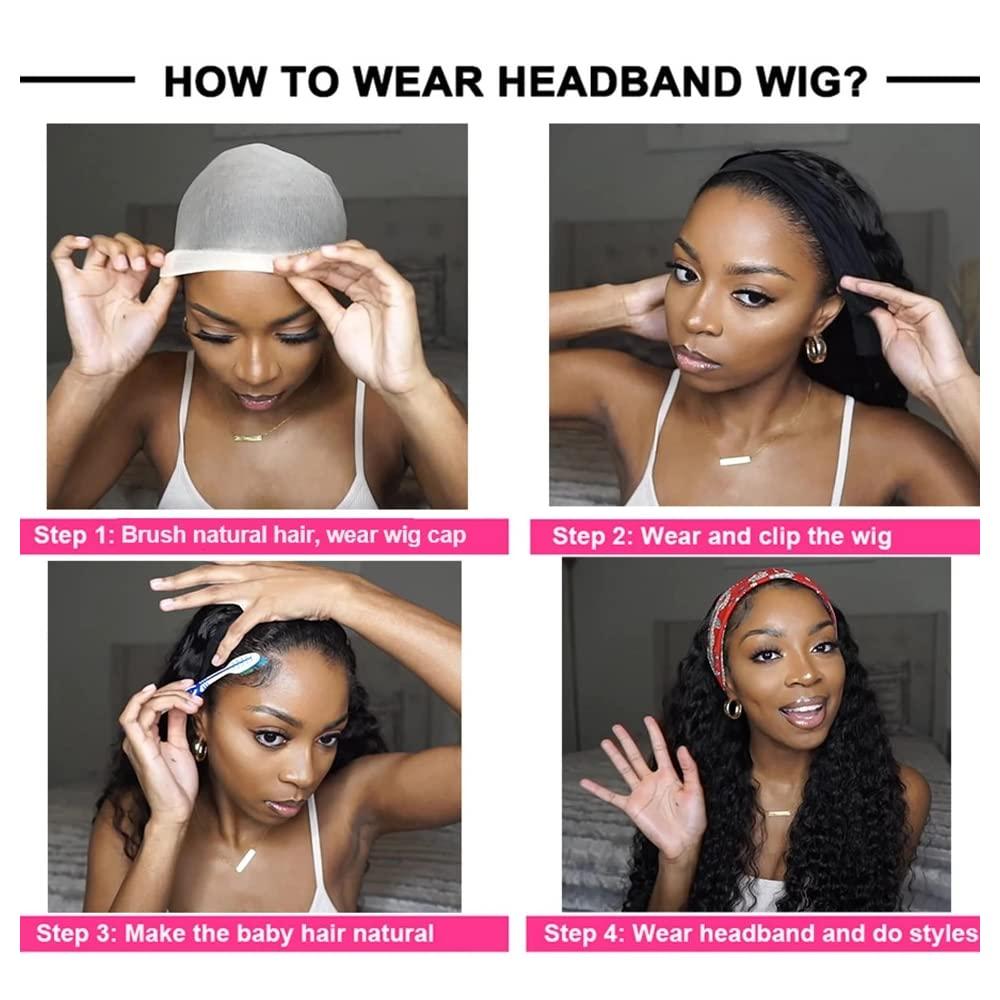 YiweYowe #4 Chocolate Brown Headband Wig Human Hair Machine Made Headband Wig Grade 8A Glueless Brazilian Remy Human Hair Wavy Wig 150% Density No Lace Wig 28 Inch #4 Straight Brown Wave Wig Human Hair