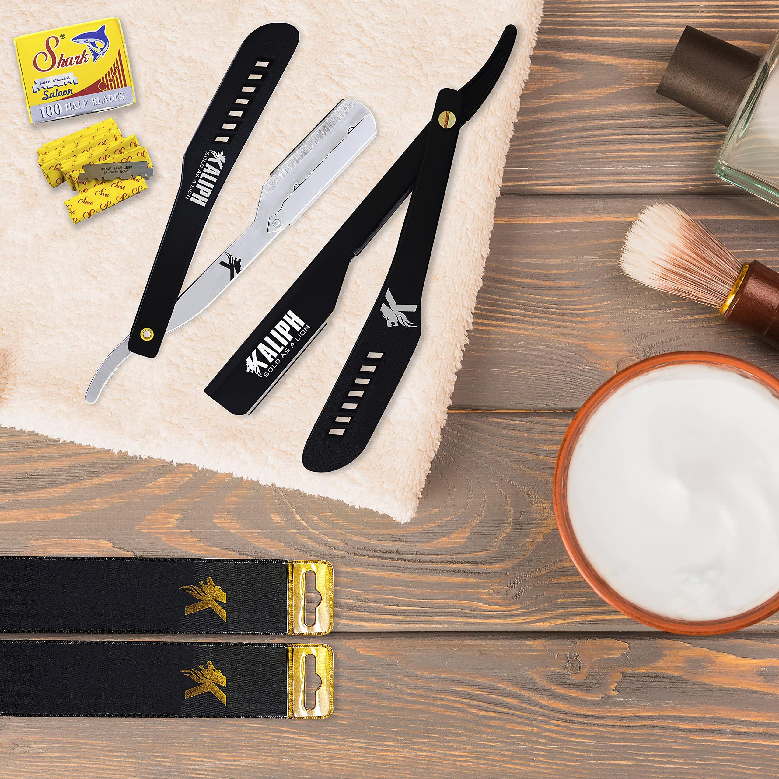 KALIPH Kaliph Professional Straight Razor For Men - Premium Pack of 2 Straight Edge Barber Razor With 100 Blades - Smooth Shaving Men's Manual Cut Throat Shaver Safety Kit (Black)