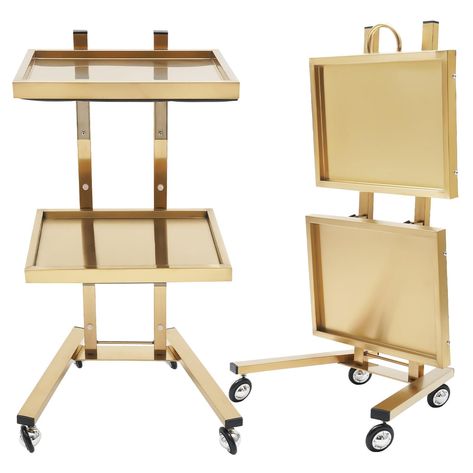 Pinelicorn 2 Tier Metal Rolling Cart, Stainless Steel Salon Tray with Wheels, Foldable Utility Carts, Folding Salon Tray Trolley, Rolling Tray Salon Trolley for Tattoo (Golden)
