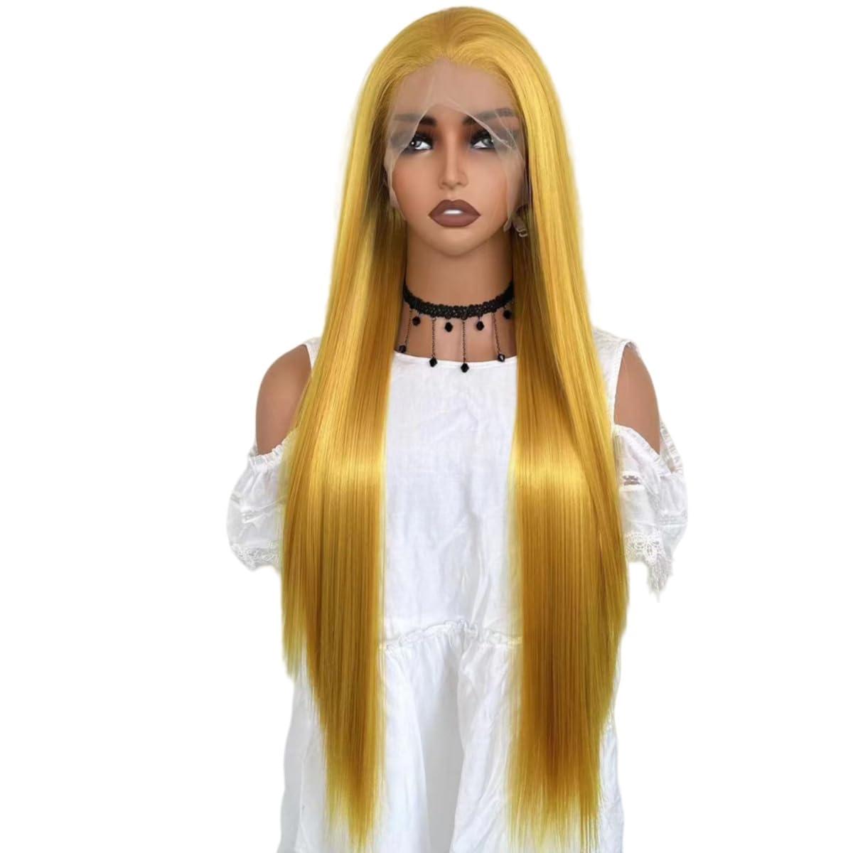 Greenmirr Greenmirr Yellow Lace Front Wig 13X4 Lace Long Straight Heated Synthetic Golden Blonde Lace Wigs 24in