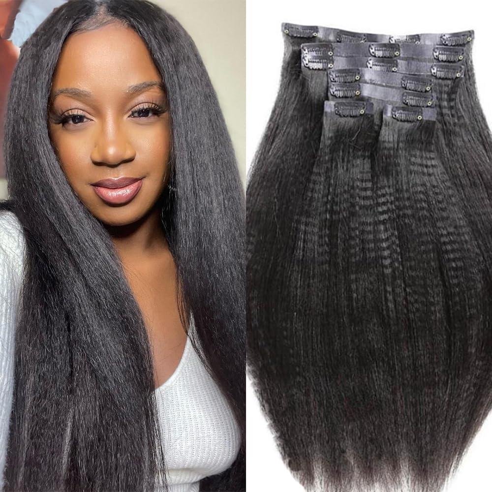 YOUNG BEAUTY Yaki Straight Clip ins Hair Extensions Seamless PU Clip In Human Hair Extensions Invisible PU Skin Weft Virgin Hair Natural Color 14inch 120g 7pcs/Set