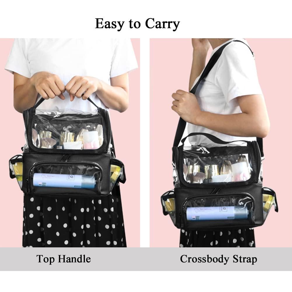 OEIPSMK OEIPSMK Makeup Brush Case, Clear Makeup Organizer Bag with Pockets Transparent Professional Makeup Bag Makeup Travel Makeup Artist Bag with Shoulder Strap and Adjustable Dividers, Black, Light Purple