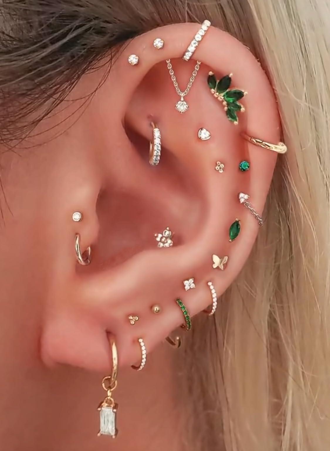 Vessantara Ear Piercing Kit-10 PCS Disposable Self Ear Piercing Gun Cartilage Surface Tragus Piercing Tools with Golden Earrings Stud Ear Hole Cleaners