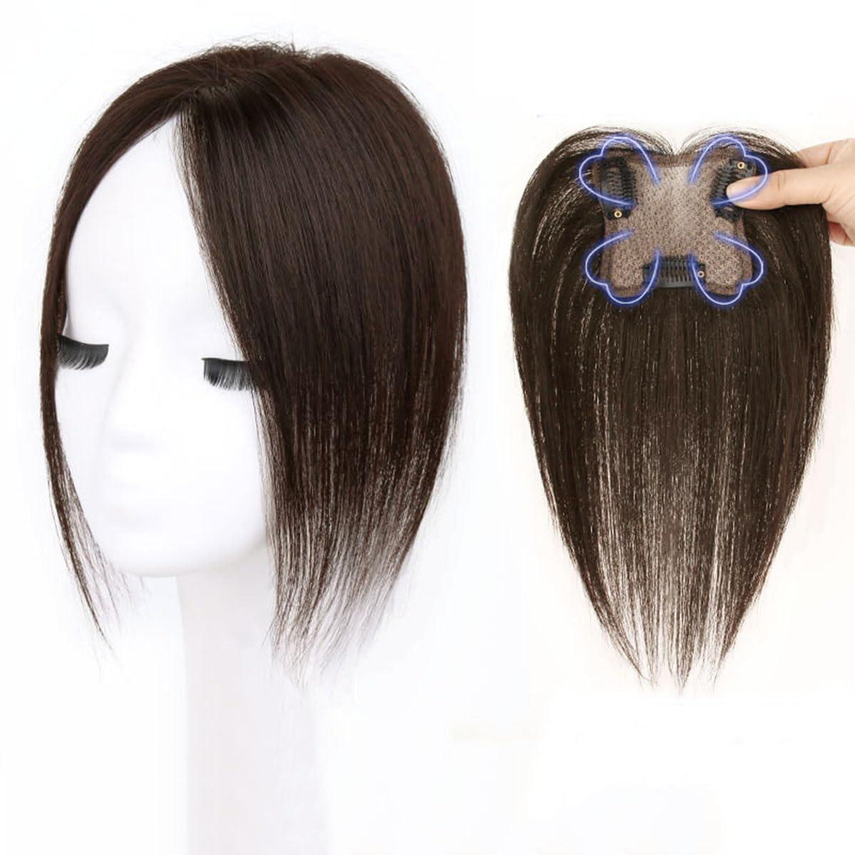 AiUree AiUree Short Hand Woven Ugrade Lace Human Hair Topper with French Bangs,10\" Women Toupee Human Hair Clip on Bangs Forehead Hair Piece Topper Human Hair Extensions Fake Fringe Hairpiece Dark Brown