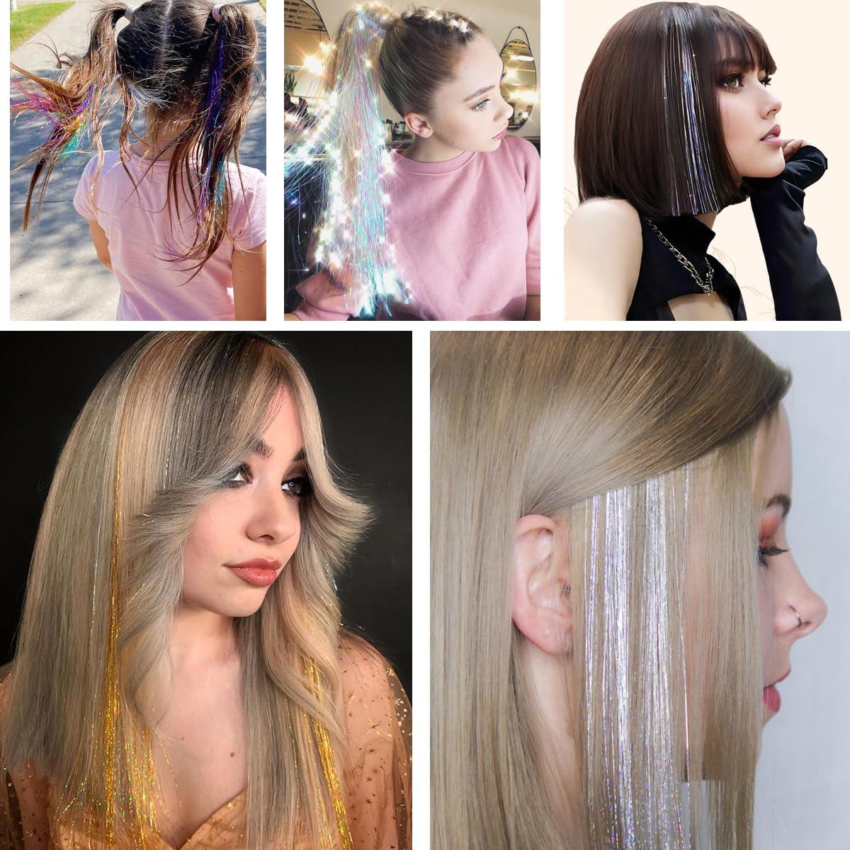 Sarannala Hair Tinsel Brown 50inch 8packs 1600 Strands Glitter Tinsel Hair Extensions Heat Resistant Highlights Sparkling Fairy Hair for Kids Women Girls(50 Inch, Brown)