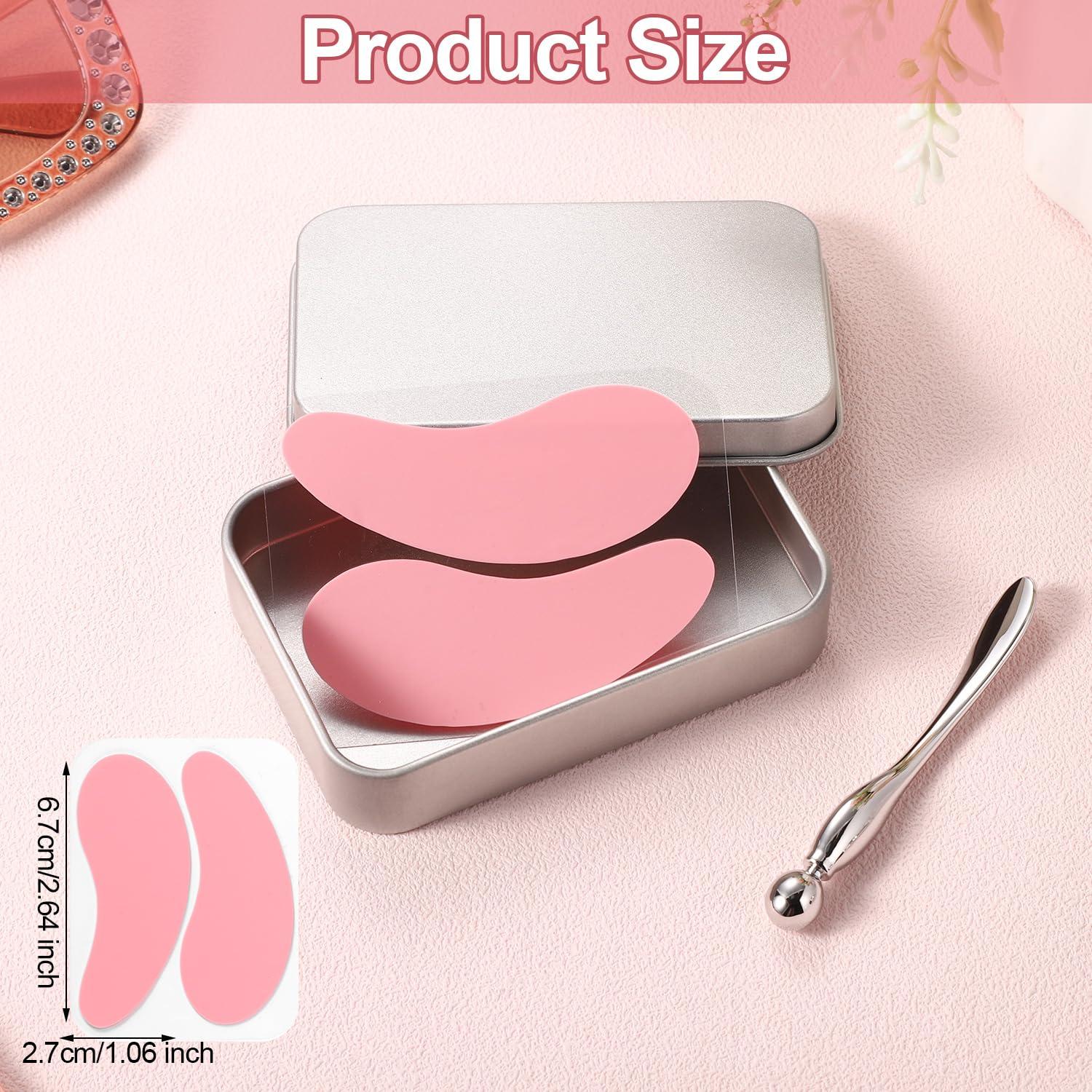 NQEUEPN 1 Pair Reusable Eye Patch, Silicone Reusable Eye Gel Pads Eye Wrinkle Patches Under Eye Mask, Plump Fine Lines & Wrinkles with Metal Eye Cream Applicator & Tin Case (Pink)